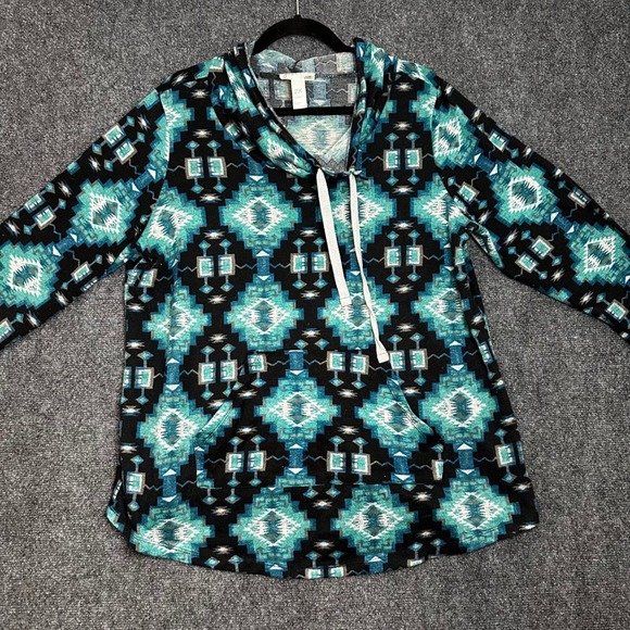 just be Tops - Just Be Southwestern Aztec Print Hoodie Teal Black Geometric‎ Pullover 2X